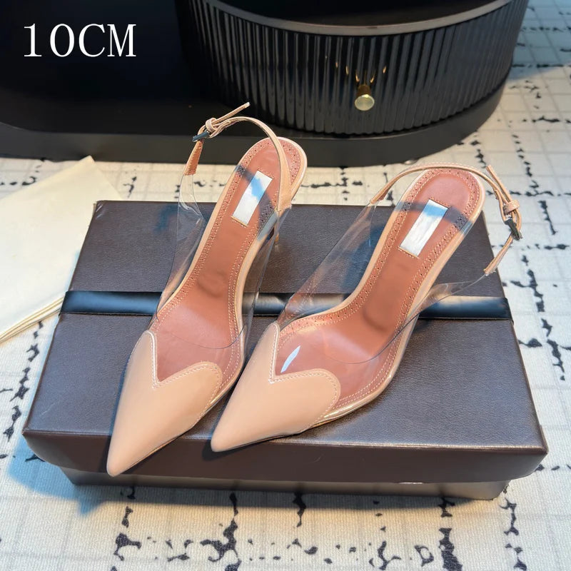 Women's Heart Clear Heeled Sandals Pointed Toe Transparent Slingback Heels Buckle Strap Patent Leather Party Prom Dress Shoes