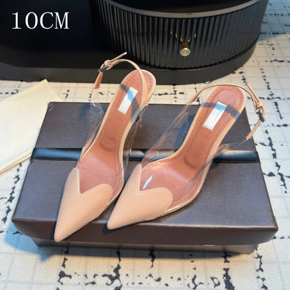 Women's Heart Clear Heeled Sandals Pointed Toe Transparent Slingback Heels Buckle Strap Patent Leather Party Prom Dress Shoes