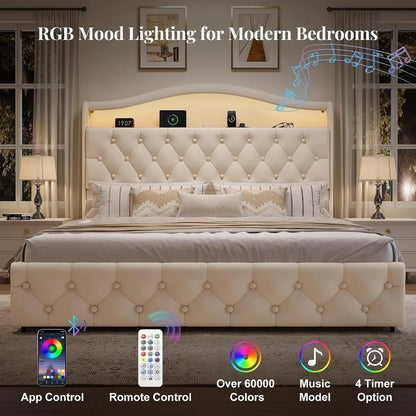 Queen Size Bed Frame and Headboard & 4 Storage Drawers, Upholstered Platform Bed Frame with RGB LED Lights &, Customized