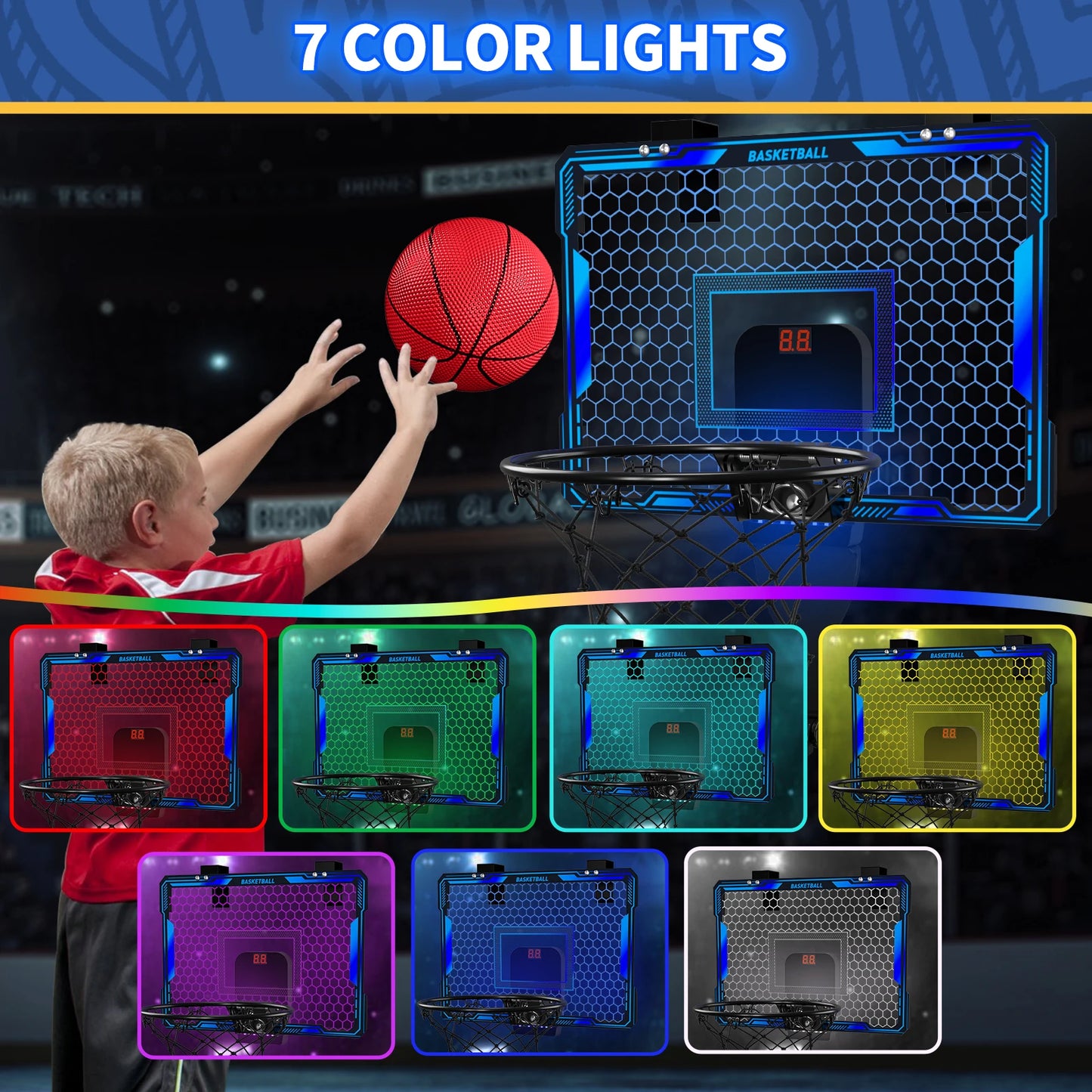 Basketball Hoop Wall-mounted Indoor Training Home Kids Basketball Toy,with 7 LED Lights Scoreboard 3 Play Modes,Mini Basketball Hoop Set For Kids Outdoor Games