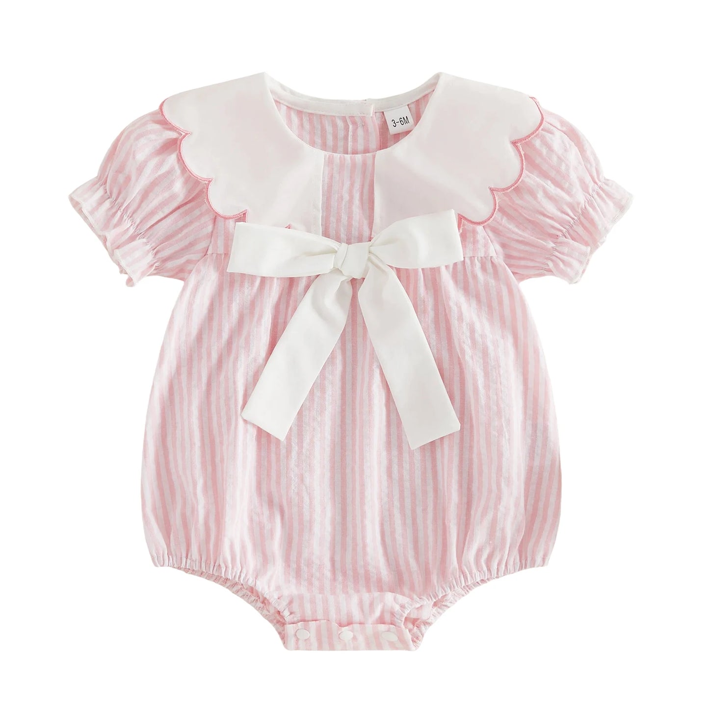 0-18M Newborn Baby Girl Summer Striped Romper Contrast Scalloped Edge Doll Collar Short Sleeve Bodysuit with Front Bow