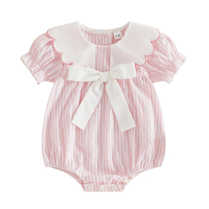 0-18M Newborn Baby Girl Summer Striped Romper Contrast Scalloped Edge Doll Collar Short Sleeve Bodysuit with Front Bow