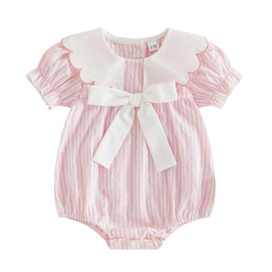 0-18M Newborn Baby Girl Summer Striped Romper Contrast Scalloped Edge Doll Collar Short Sleeve Bodysuit with Front Bow