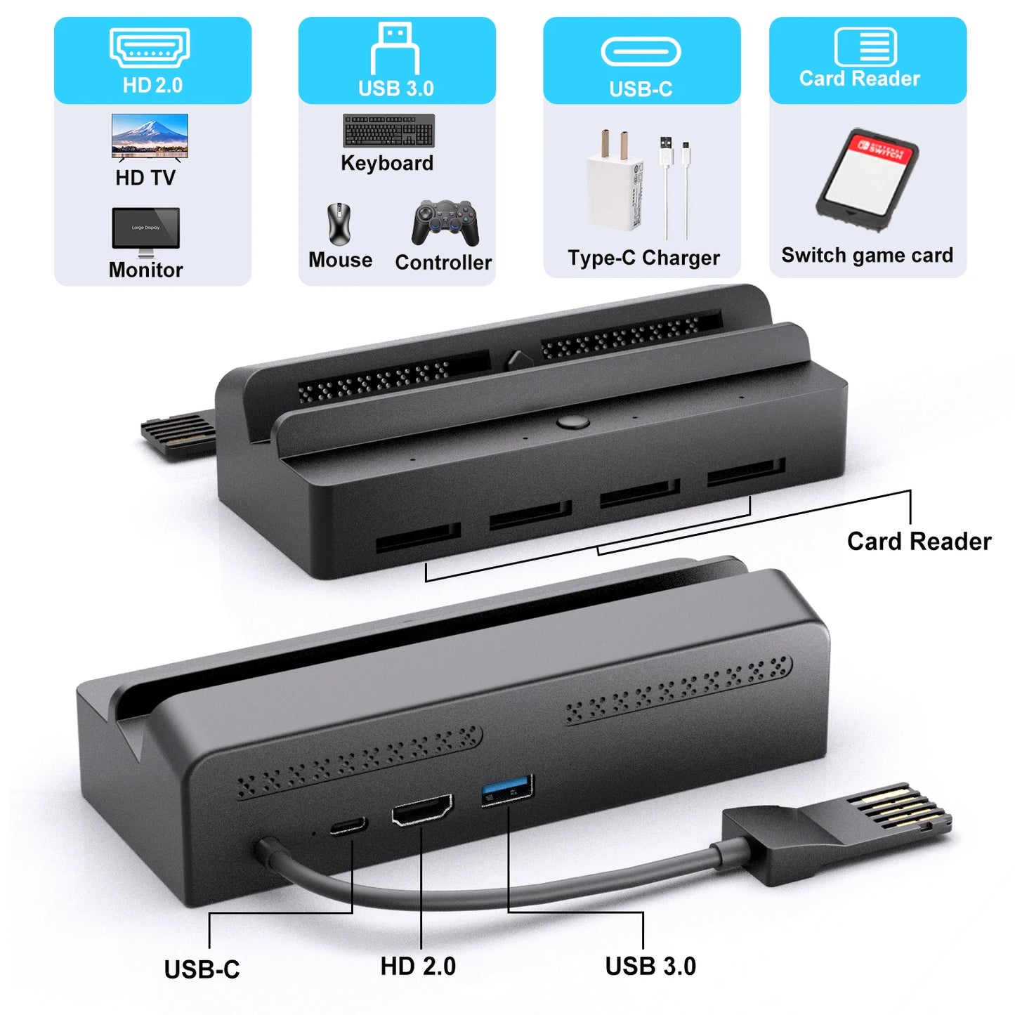 For Nintend Switch 7 In 1 Game Card Reader Switch For Switch OLED Screen Mirroring Base, Supports One-Click Switching of Games