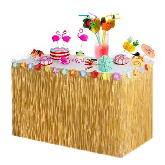 3 Sizes Straw Color Luau Grass Table Skirt Straw Hawaiian Summer Theme Party Supplies for Tropical Hawaii Party Decorations