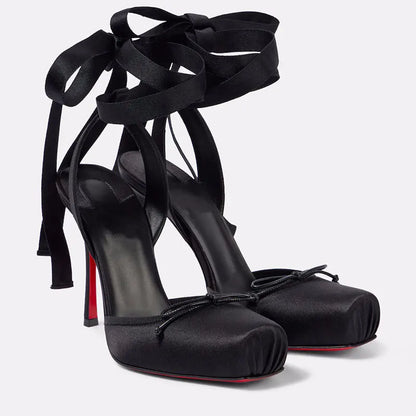 European and American Niche High-heeled Square Toe Ankle Strap Satin Bow Ballet Toe Cap Red Sole Plus Size Women's Sandals