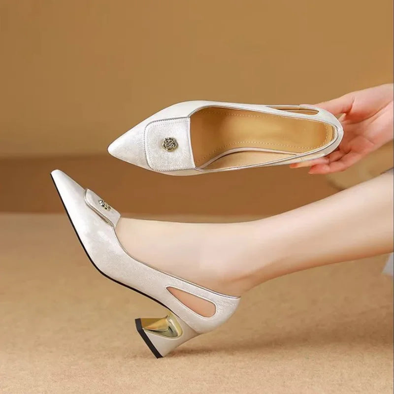 Women's Pumps Pointed Toe Mid Chunky Heels - Elegant Slit Sides & Metal Buckle, Comfortable Concise Dress Shoes for Ladies