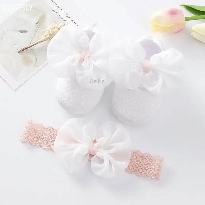Spring Infant Baby Girl Shoes Newborn Lace Flowers Headband Anti-Slip Soft Sole First Walkers Toddler Kids Cotton Baptism Shoes