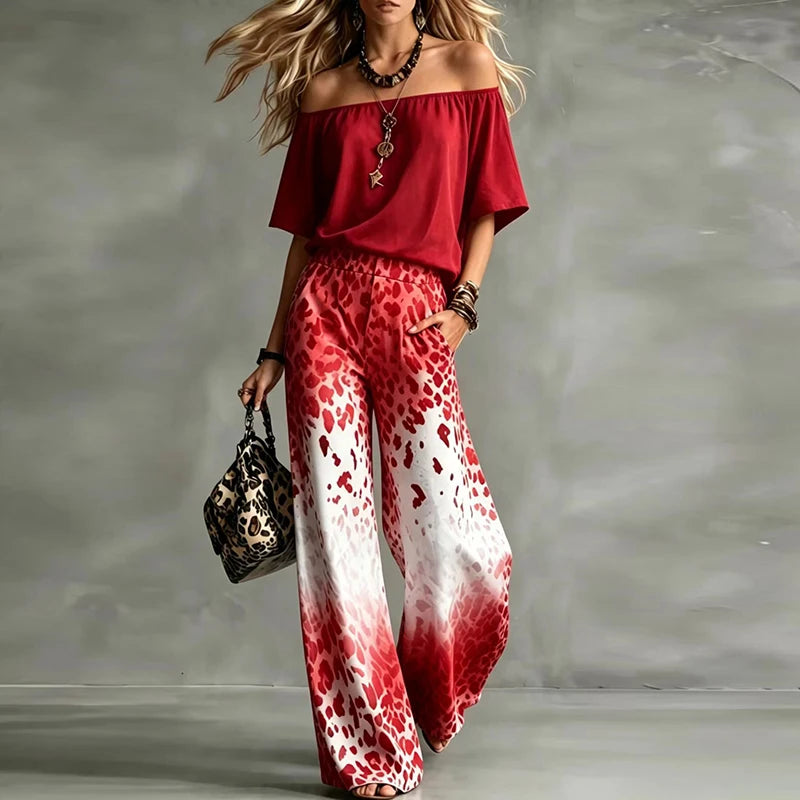 Vintage Printed One Shoulder Short Sleeve Women T-Shirts Pocket High Waist Wide Leg Pants Suit Women Casual Two Piece Set