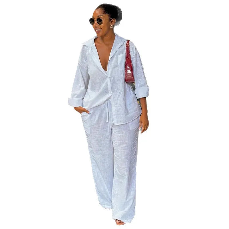Solid Women Pant Sets Two Pieces Matching Set Elastic Waist Wide Leg Pants Long Sleeves Shirt Loose Elegant Casual 2025 Spring