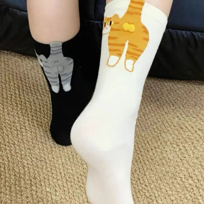 4pcs Funny Abstract 3D Cat Butt Mid-Tube Socks Cartoon Quirky Cotton Casual Socks Cat Egg Floor Sock for Cute Girls Couple Gifts