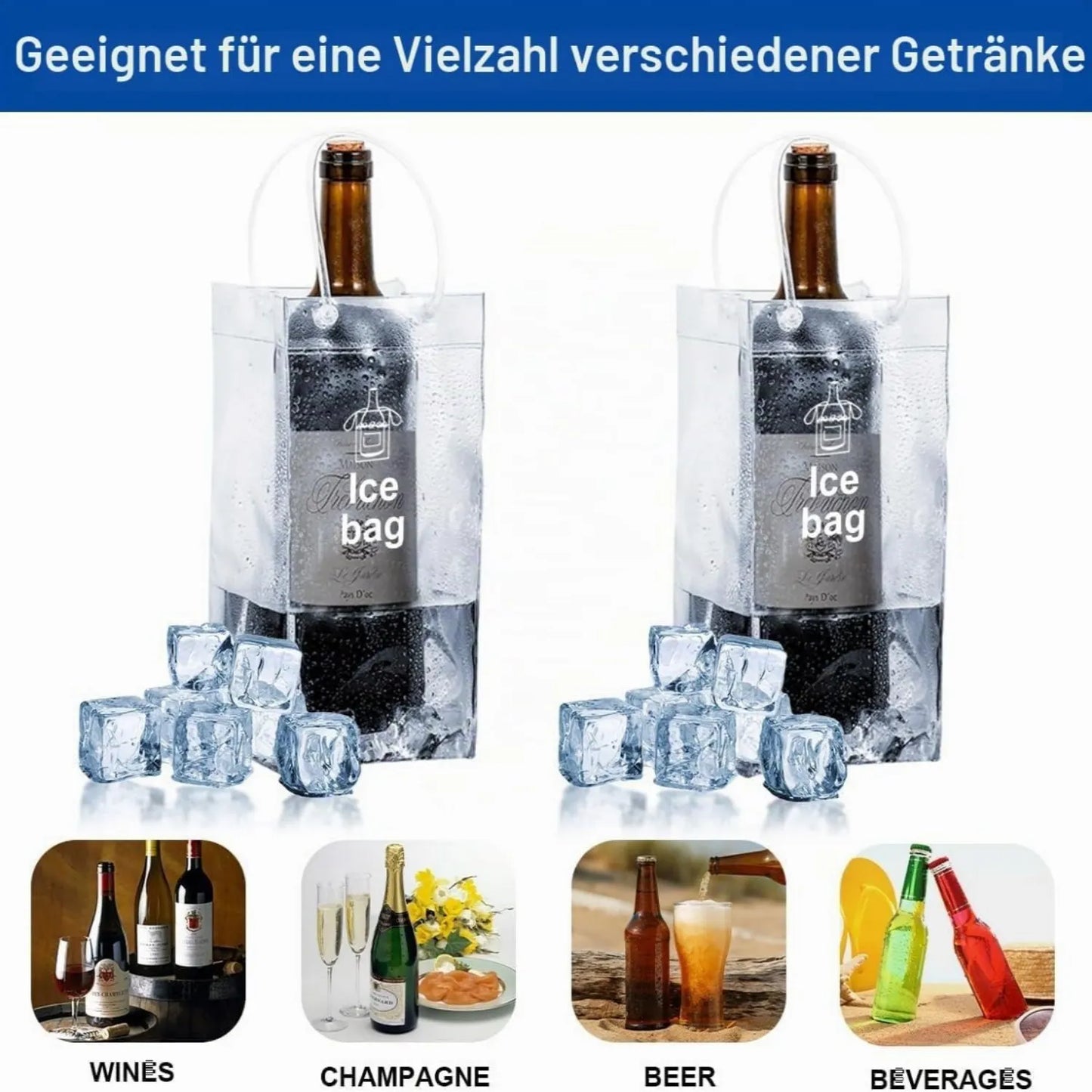 1/2/4PCS ICE Bags PVC Transparent Cooler Clear Pouch Ice Bucket Wine Champagne Bottle Chiller With Carry Handle Drink Bottle