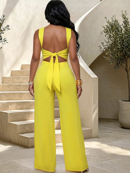 Kricesseen Sexy Solid Two Pieces Pant Set Women Halter Backless Bow Top And Loose Wide Leg Pants Suit Clubwear Outfit