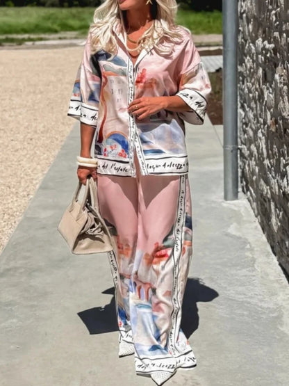 2 Pieces Set for Woman Summer New Elegant Printed Half Sleeves Shirt