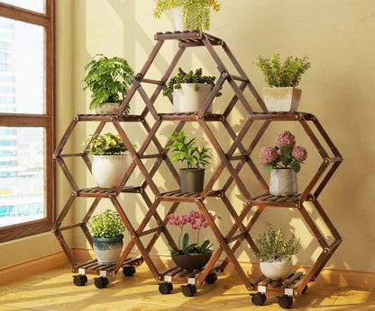 Solid Wood Plant Stand Outdoor for Multiple Plants Carbonized Wood Flower Pot Holder Heavy Duty Load Balcony Garden Home Decor