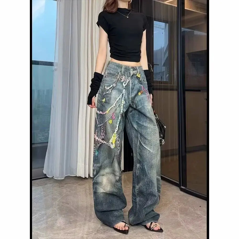 Y2K 3D Printed Jeans Girls Flower Chain American Style Versatile High Waisted Loose Straight Leg Floor Pants