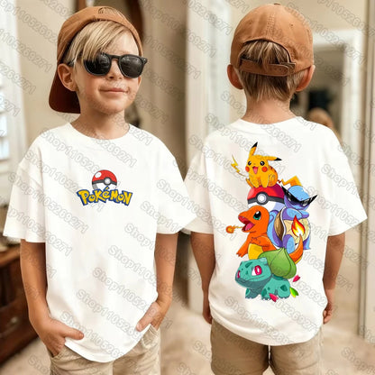 Pokemons Pikachu Cartoon Kids Printed T-Shirts Boys Girls Casual Short Sleeves Tops Children's Harajuku Fashion Tee Clothing