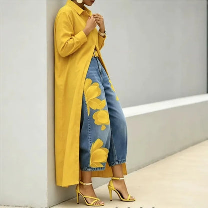 Women's Print High Waist Jeans And Shirts Dress  Loose Wide Leg Denim Pants Casual Trendy Trousers And Maxi Dress Women Clothing