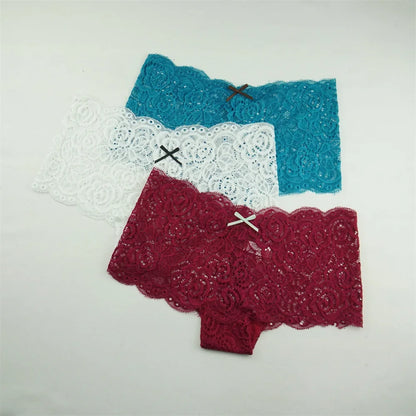 3PCS Transparent Boyshorts Women Underwear Lace Boxers Ladies Plus Size M-XXL Hollow Out Floral Panties Femme Intimates