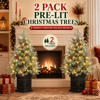 2PCS 3ft Pre-Lit Artificial Christmas Tree with 78 LED Lights, Snow Flocked Mini Xmas Tree with Timer Function, Battery Operated Small Holiday Tree for Home Office Tabletop Decor