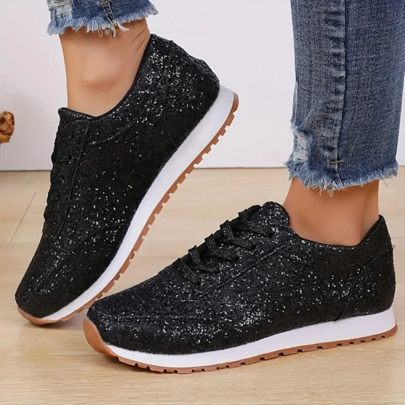 Womens Sparkly Glitter Slip on Sneakers Casual Comfortable Walking Shoes Shiny Flat Loafers Platform Bling Footwear for Ladies