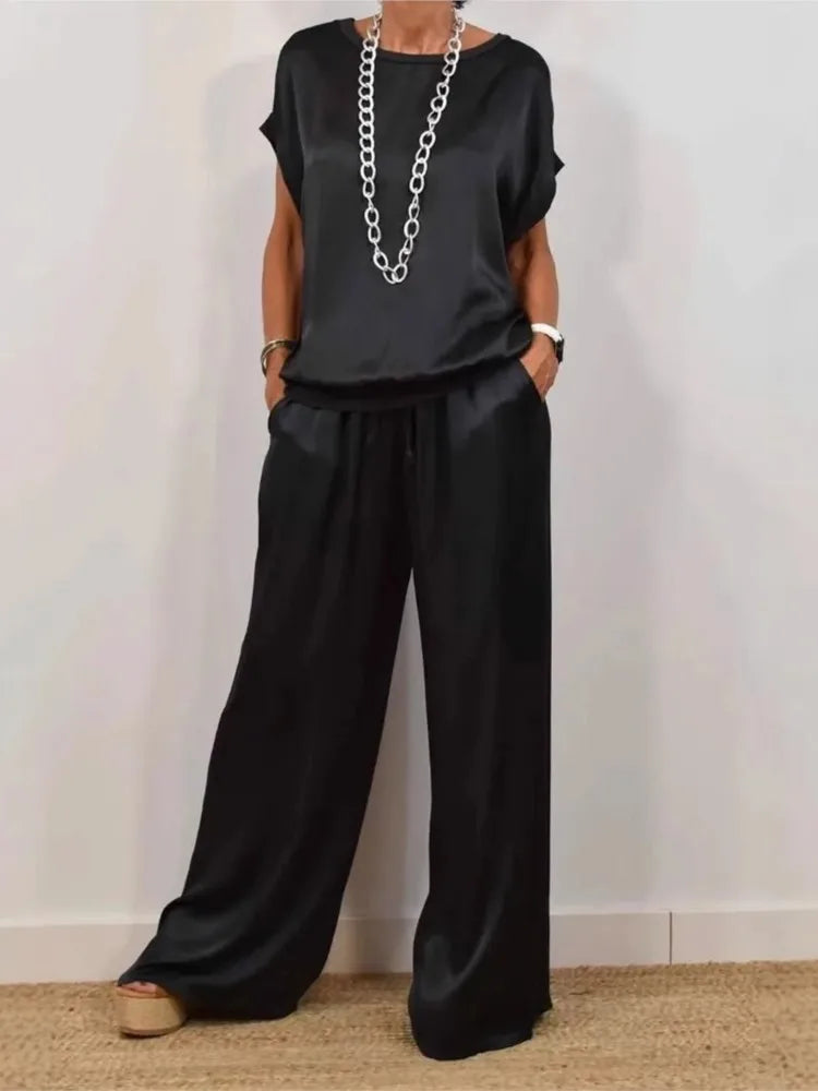 Simple Satin Women's Suits Summer Fashion Short sleeve Loose Blouse Wide Leg Pants Two Piece Set For Women Casual Outfits