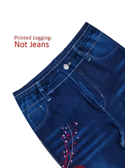Women High Waist Faux Denim Leggings, Heart Print Skinny Pencil Pants, Stretch Non-Denim Slim Casual Streetwear Trousers