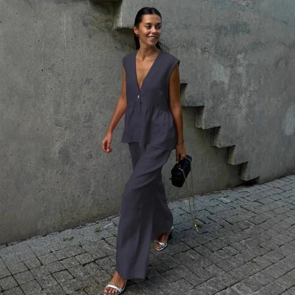 2026 V-neck sleeveless top, vest and long pants suit, solid-color two-piece set
