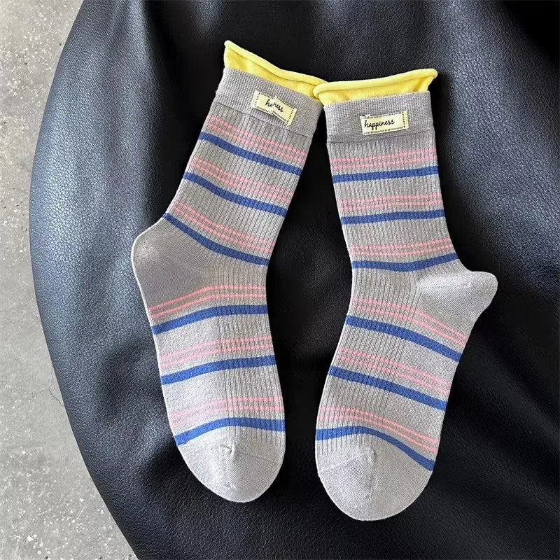 New Women Socks Cute Love With Heart Print Sock Cotton Harajuku Vintage Happy Female Dots Heart Kawaii Sox White Pink Crew Sock