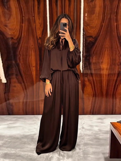 Satin Two-Piece Set Tie-Neck Balloon Sleeve Top Wide Leg Pant 2026 Spring Fashion Minimalist Loungewear Office Women Outfits