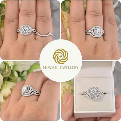 Newshe 2Pcs Halo Round Cut Moissanite Wedding Ring Set for Women Solid 925 Sterling Silver Zircons Luxury Bridal Rings