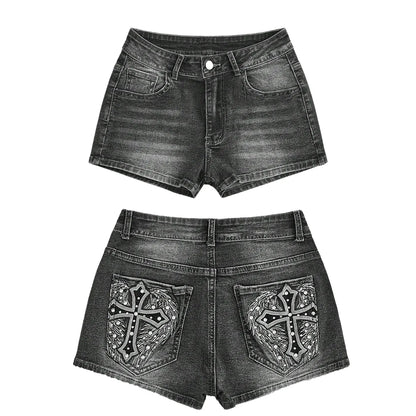 High Waist Distressed Denim Shorts Female Jeans Womens Jeans Shorts Vintage Y2K Punk Style Embroidered Hot Pants