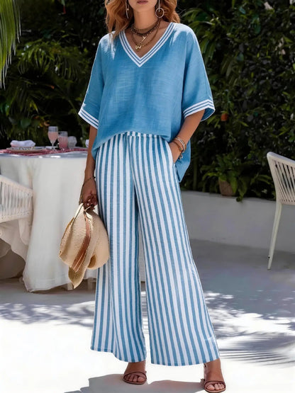 Two Pieces Women Pant Sets Striped Matching Set Short Sleeves V Neck Top Elastic Waist Wide Leg Pants Loose Casual 2026 Summer