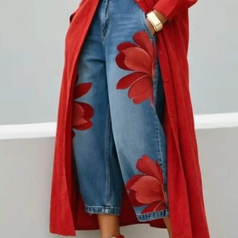 Women's Print High Waist Jeans And Shirts Dress  Loose Wide Leg Denim Pants Casual Trendy Trousers And Maxi Dress Women Clothing