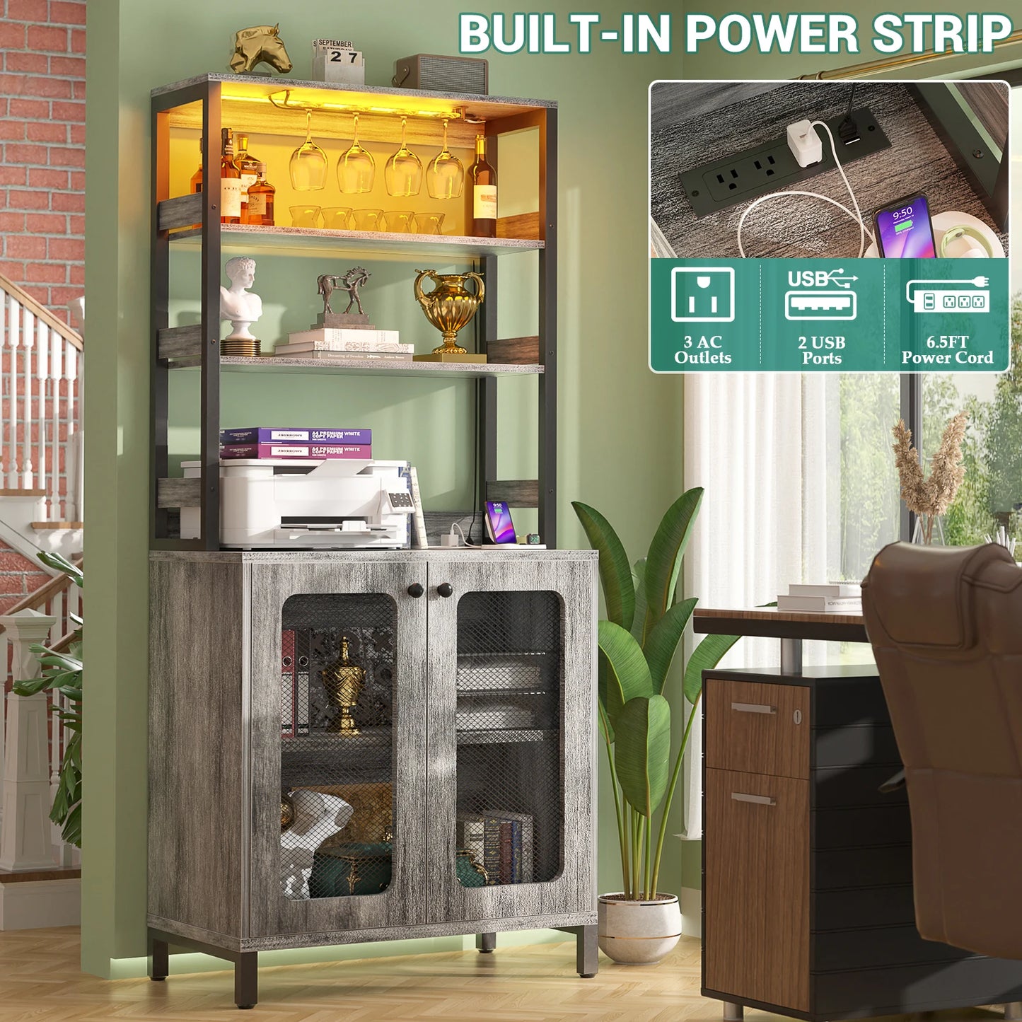 67" Tall Bar Cabinet with LED Lights And Glass Holder - Wine Liquor Cabinet with Power Outlets for Living Room Coffee Bar Station Microwave Stand Bakers Rack, White Oak