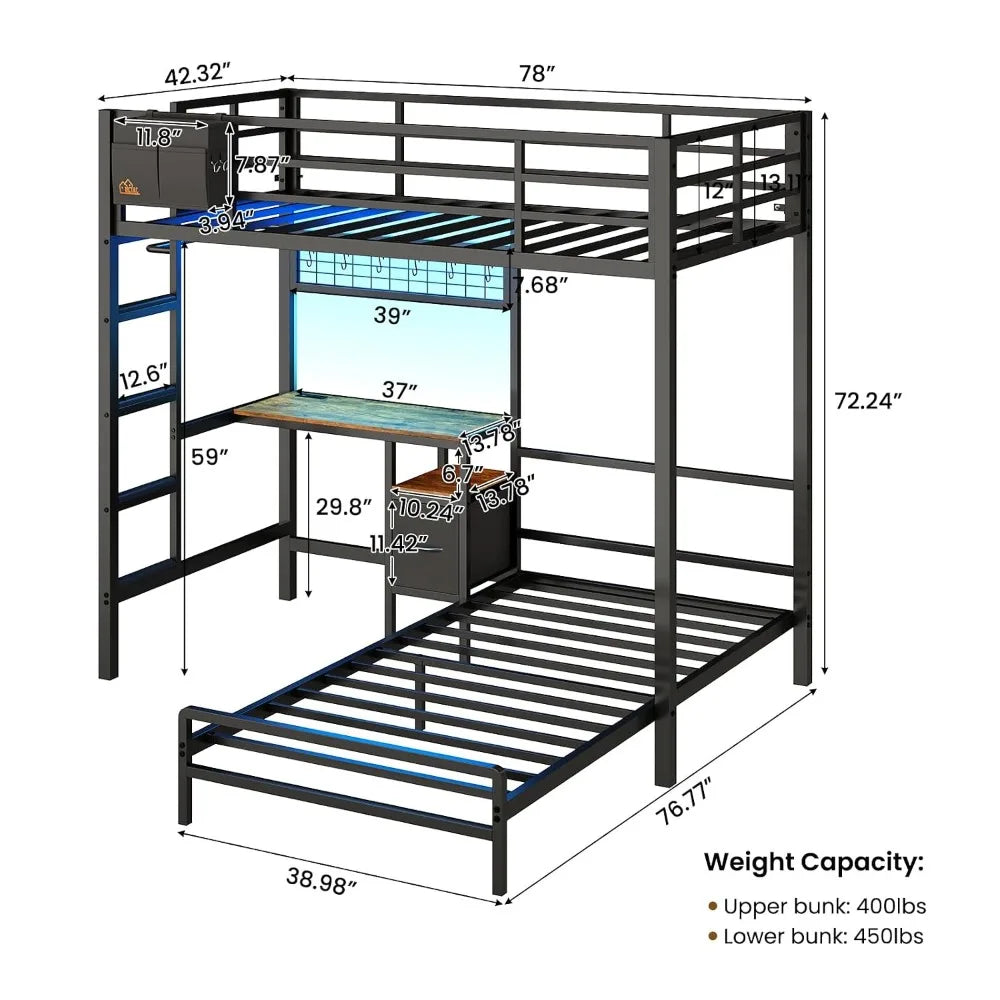 Twin Over Twin Bunk Bed,Built-in Desk & Charging Station & LED Lights with Storage Drawers,Bedroom Furniture, Custom