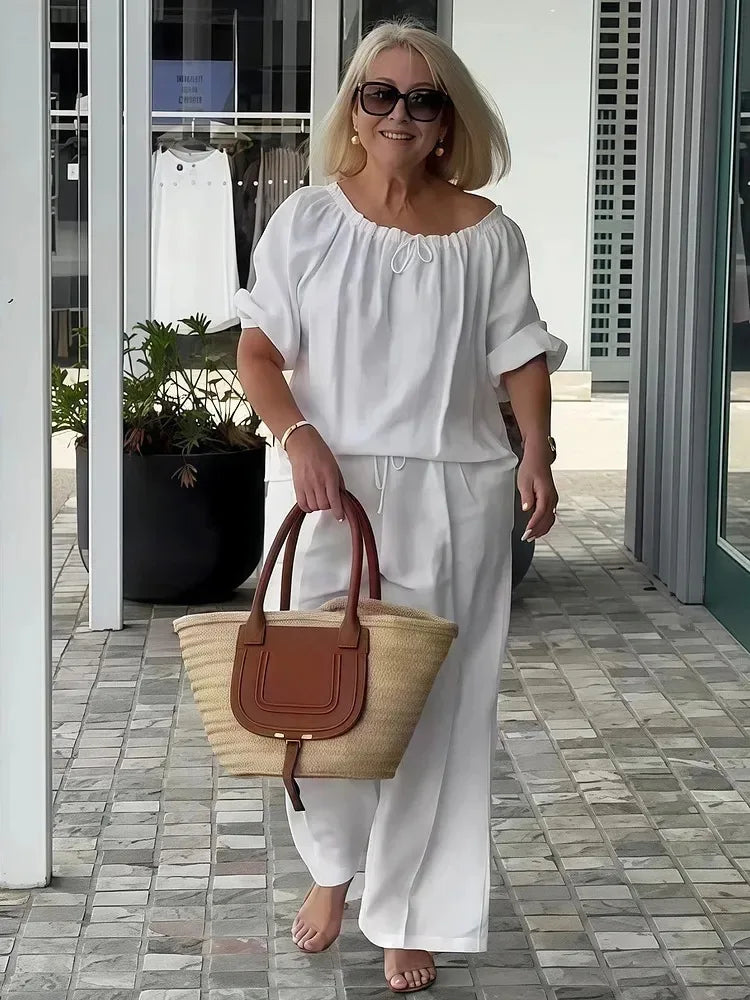 Fashion Casual Woman 2 Piece Set Outfit New Spring And Summer Women's Loose Drawstring Round Neck Top And Pants Two-piece Set