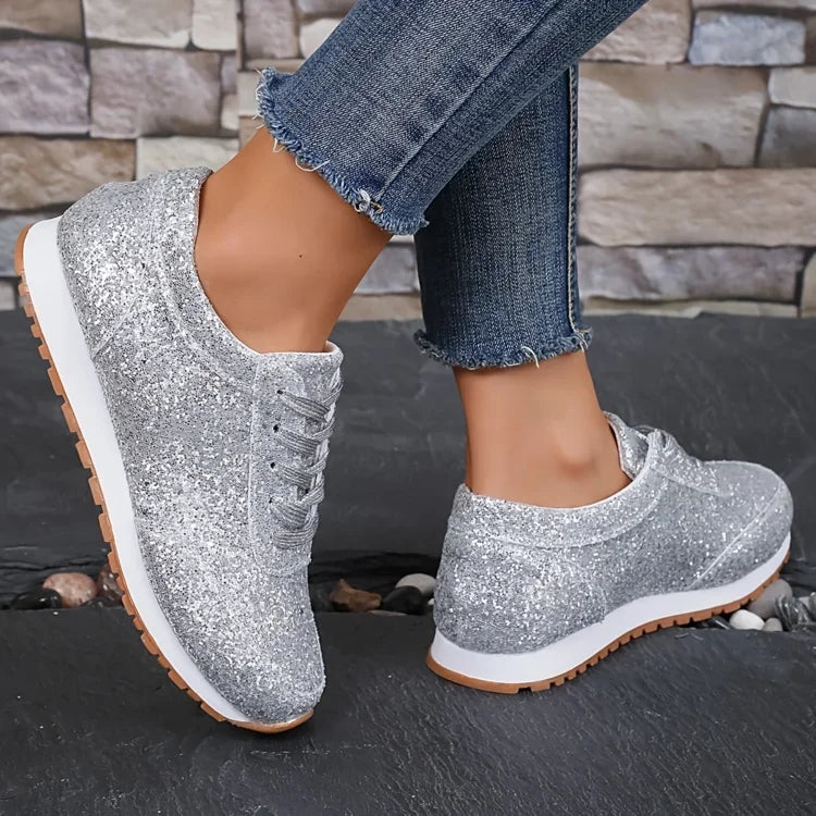 Womens Sparkly Glitter Slip on Sneakers Casual Comfortable Walking Shoes Shiny Flat Loafers Platform Bling Footwear for Ladies