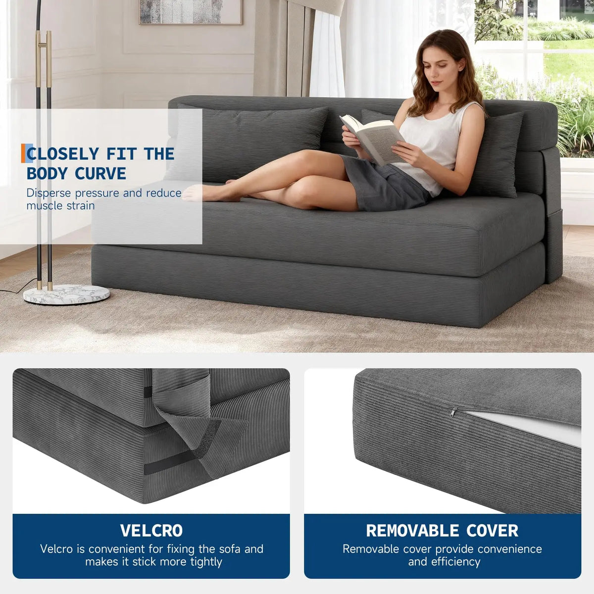 4-in-1 Folding Sofa Bed Convertible Sleeper Soft Corduroy Loveseat Couch With Pillow Space-Saving Fold Out Chair Bed For Room