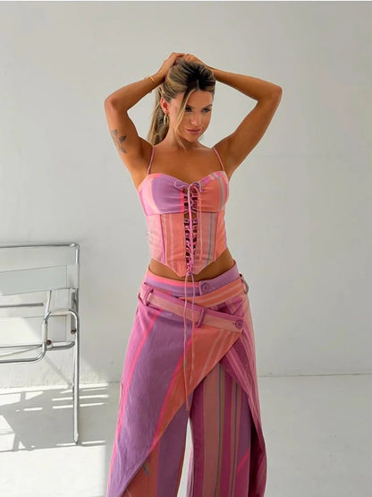 Chic Stripe Print Vest Pants Women Set Patchwork Slash Neck Bandage Top Pleated Asymmetry Trousers 2026 Summer Lady Outfit
