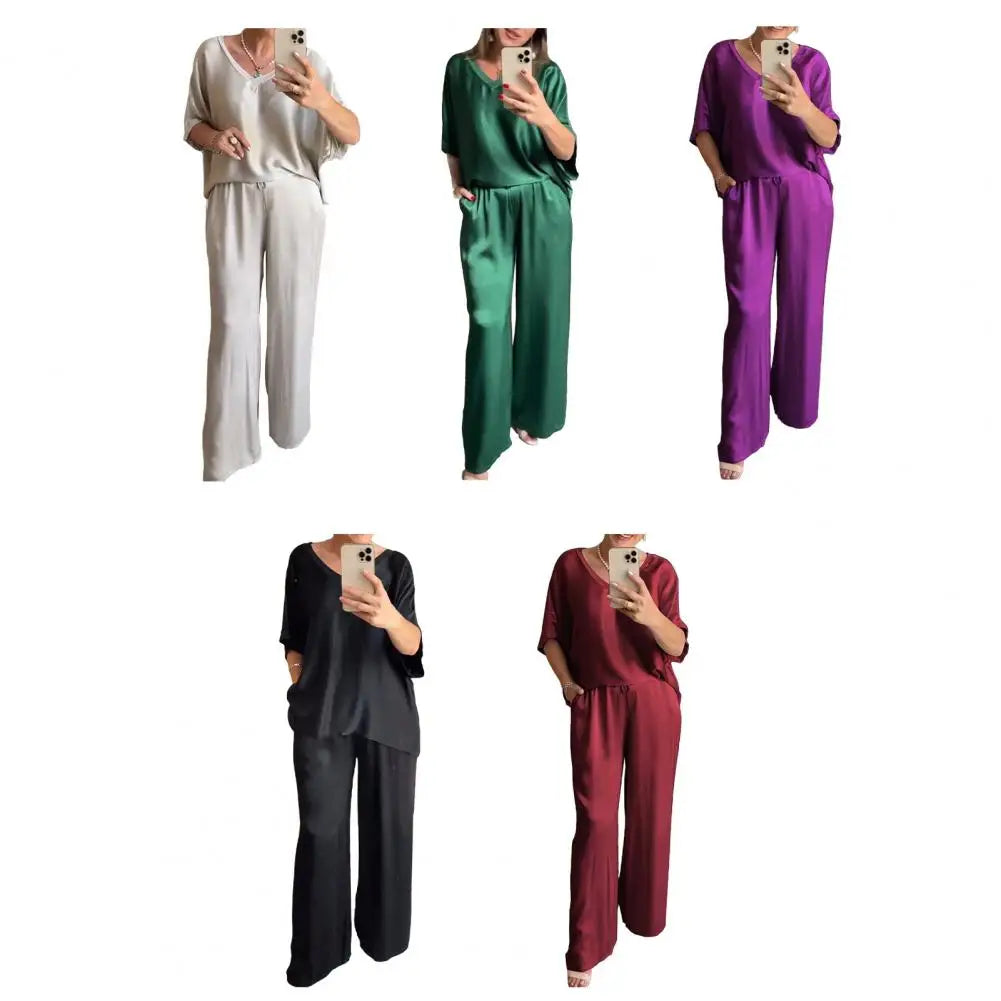 Summer Short-sleeved T-shirt Two-piece Set For Women V-neck Top Pullover Wide-leg Pants Suit For Women Spring Loose Satin Suit
