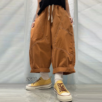 Patchwork Denim Washed Cotton Casual Pants Women Plus Size Loose Cropped Pants 2026 Spring Summer Denim Jeans JLJ522