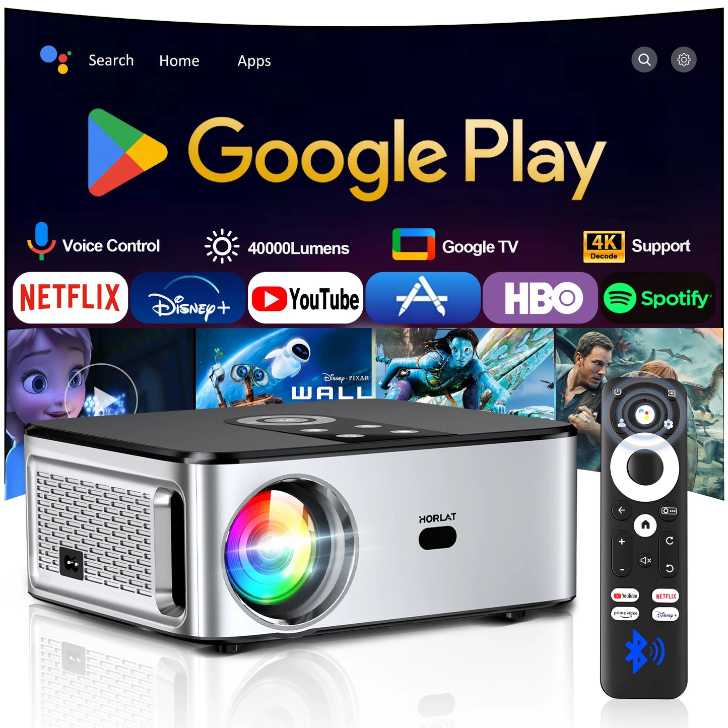 HORLAT Official Google TV Projector 2000ANSI Bluetooth Voice Control Auto Focus WiFi 6 4K HD Beamer Home Theater Movie Projector