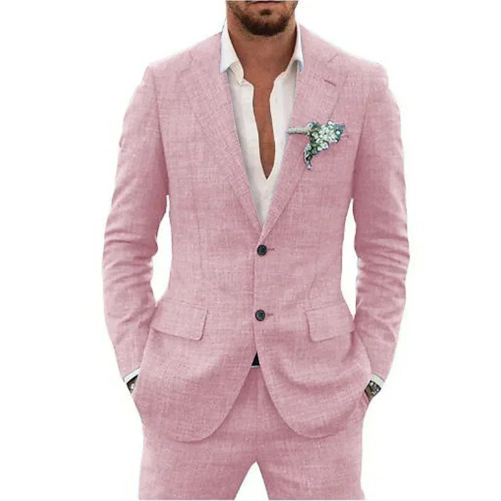 Light Grey 2 Pieces Linen Men's Suits With Pants Groom Tuxedos Summer Casual Style Groomsmen For Wedding Blazer Sets