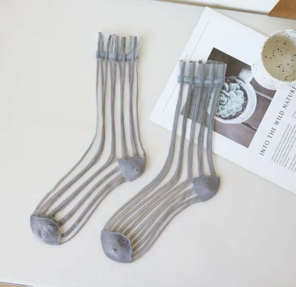 Transparent Crystal Silk Socks Women Fashion Ultra-thin Summer Harajuku Crew Socks Flower Streetwear Elastic Long Mesh Socks