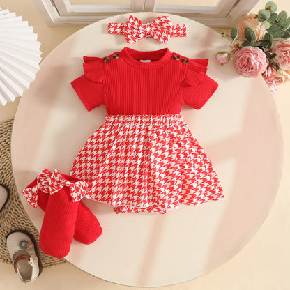 Baby Girl Bodysuit Dresses Short Sleeve Heart Shape Bow Romper Infants Onesies With Socks Headband 3pcs Sets For Newborn Girls