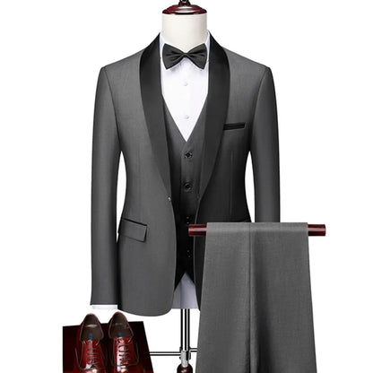 US Size Men Lapel Black Collar 3 Pcs Suit Set Coat Vest Trousers / Business Groom Wedding Dress Fprmal Blazer Pants Waistcoat
