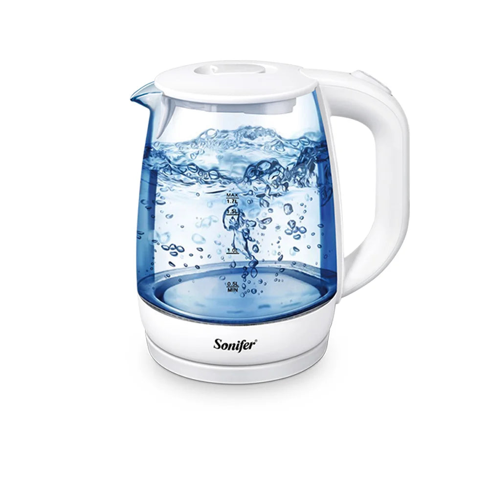 Sonifer 1.7L Glass Electric Kettle SF-2079, 2200W Fast Boil, Cordless, Blue LED Light, Auto Shut-Off, Dry Boil Protection