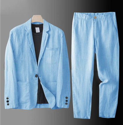 Cotton Linen Men's 2‑Piece Suit Lightweight Slim Fit Breathable Casual Suit Set for Office Wedding Sun Protection
