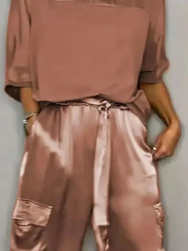 Women's Summer Fashion Solid Satin Two Piece Set Women O Neck Long Sleeved Top Long Pants Casual Loose 2 Piece Set Women Clothes